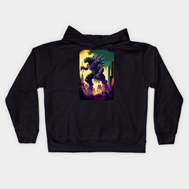 Monster giant robot attacking the city Kids Hoodie by KoolArtDistrict